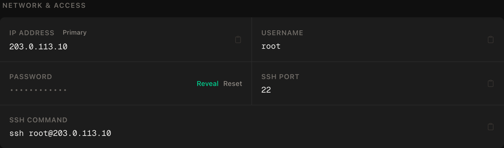 Network and Access panel showing the server IP, root username, hidden password with a Reveal button, SSH port 22, and the full ssh command